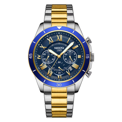 Wristwatch with blue dial and gold and silver band on white background