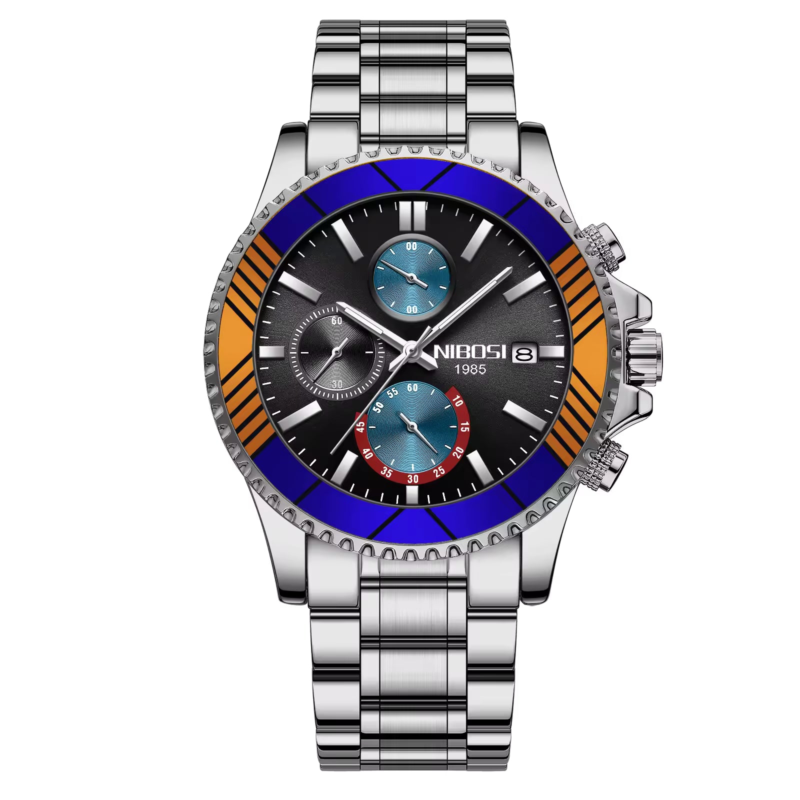 NIBOSI watch with a silver band and blue and orange accents on a white background