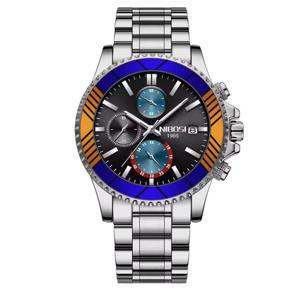 NIBOSI watch with a silver band and blue and orange accents on a white background