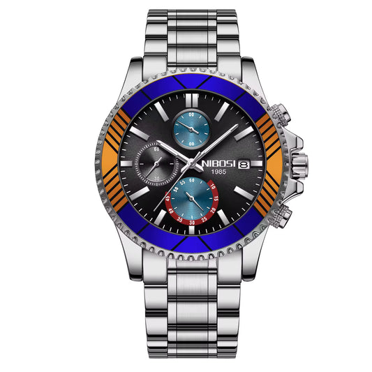 NIBOSI watch with a silver band and blue and orange accents on a white background