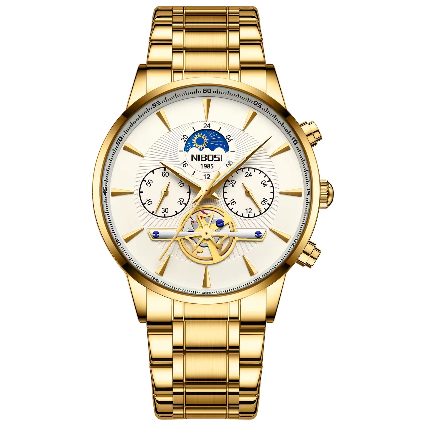 Gold wristwatch with a detailed face on a white background