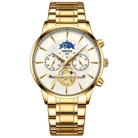 Gold wristwatch with a detailed face on a white background