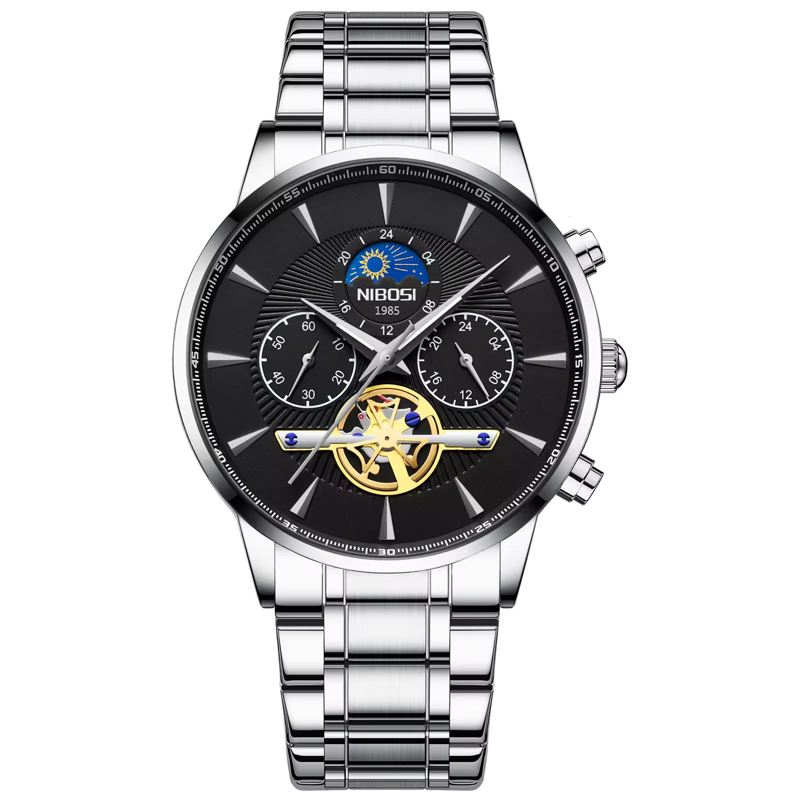 Silver wristwatch with black dial and brand logo on a white background