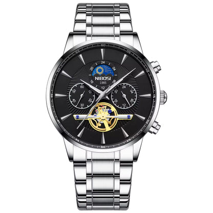 Silver wristwatch with black dial and brand logo on a white background