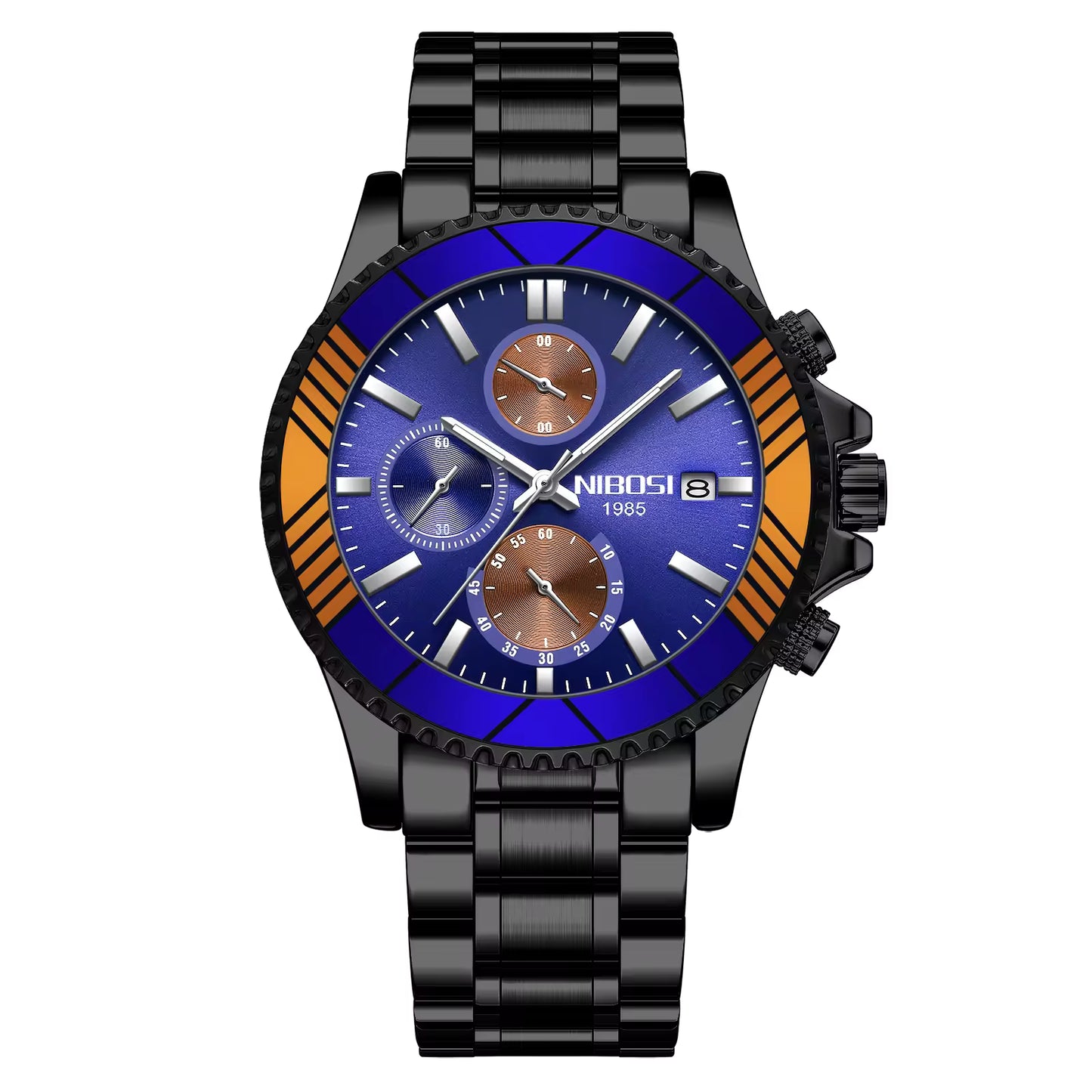 Black wristwatch with a blue face and orange accents on a white background