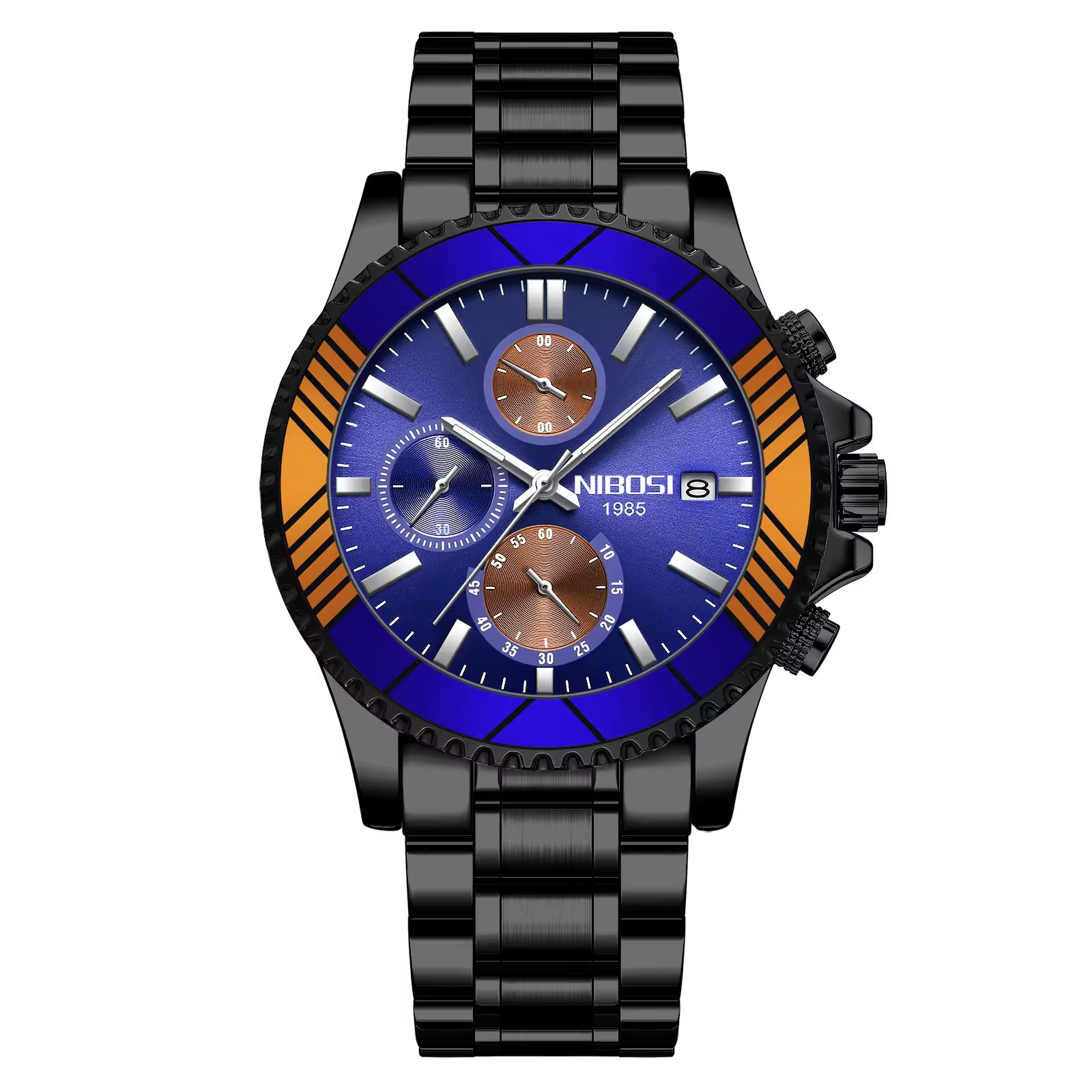 Black wristwatch with a blue face and orange accents on a white background