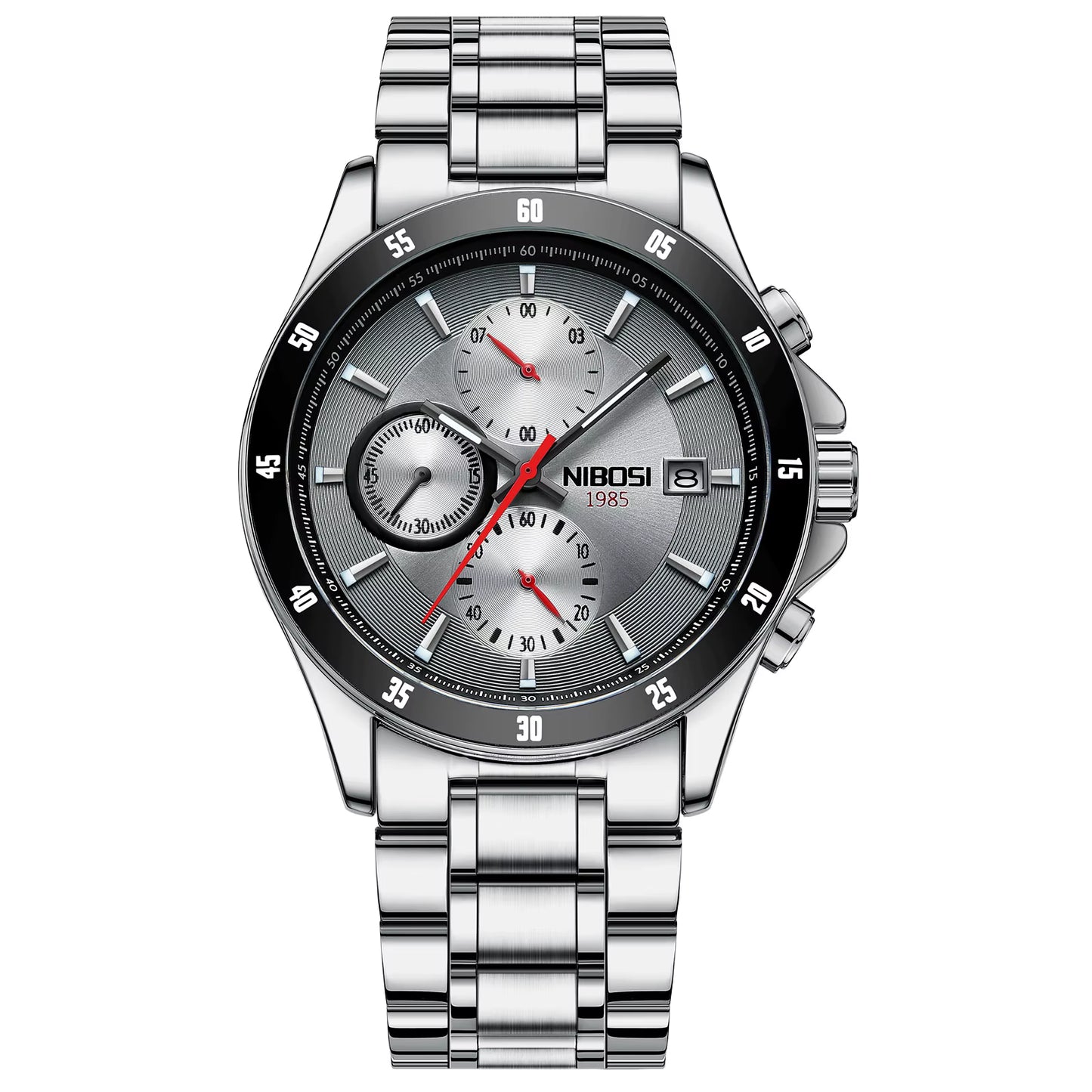 Silver wristwatch with a detailed face on a white background, featuring the brand 'NIBOSI'.