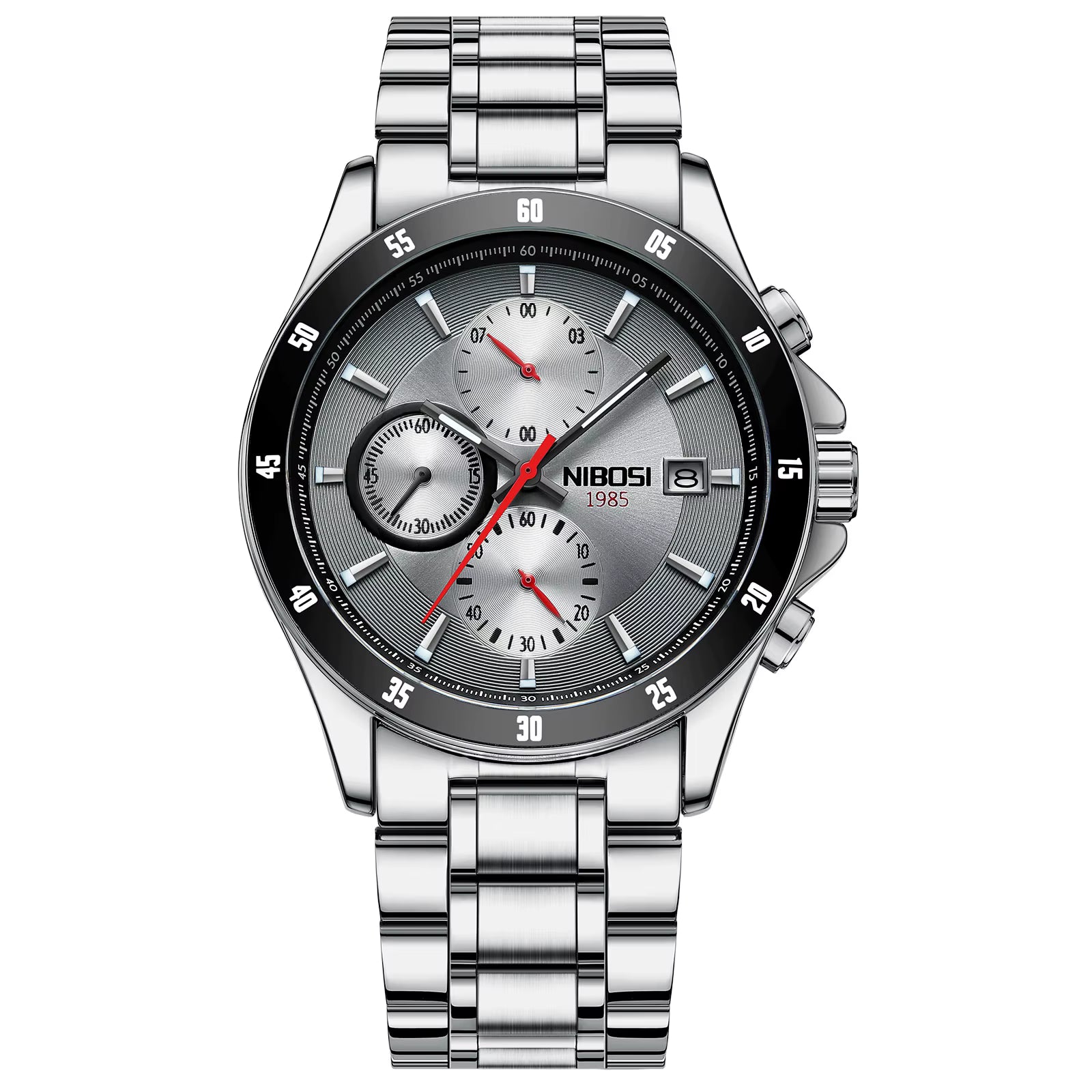 Silver wristwatch with a detailed face on a white background, featuring the brand 'NIBOSI'.