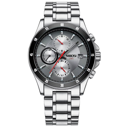 Silver wristwatch with a detailed face on a white background, featuring the brand 'NIBOSI'.