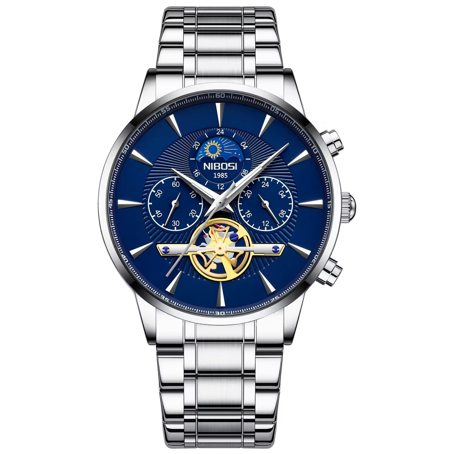 Silver watch with a blue face on a white background