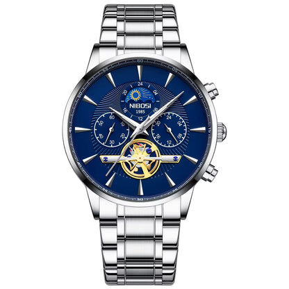 Silver watch with a blue face on a white background