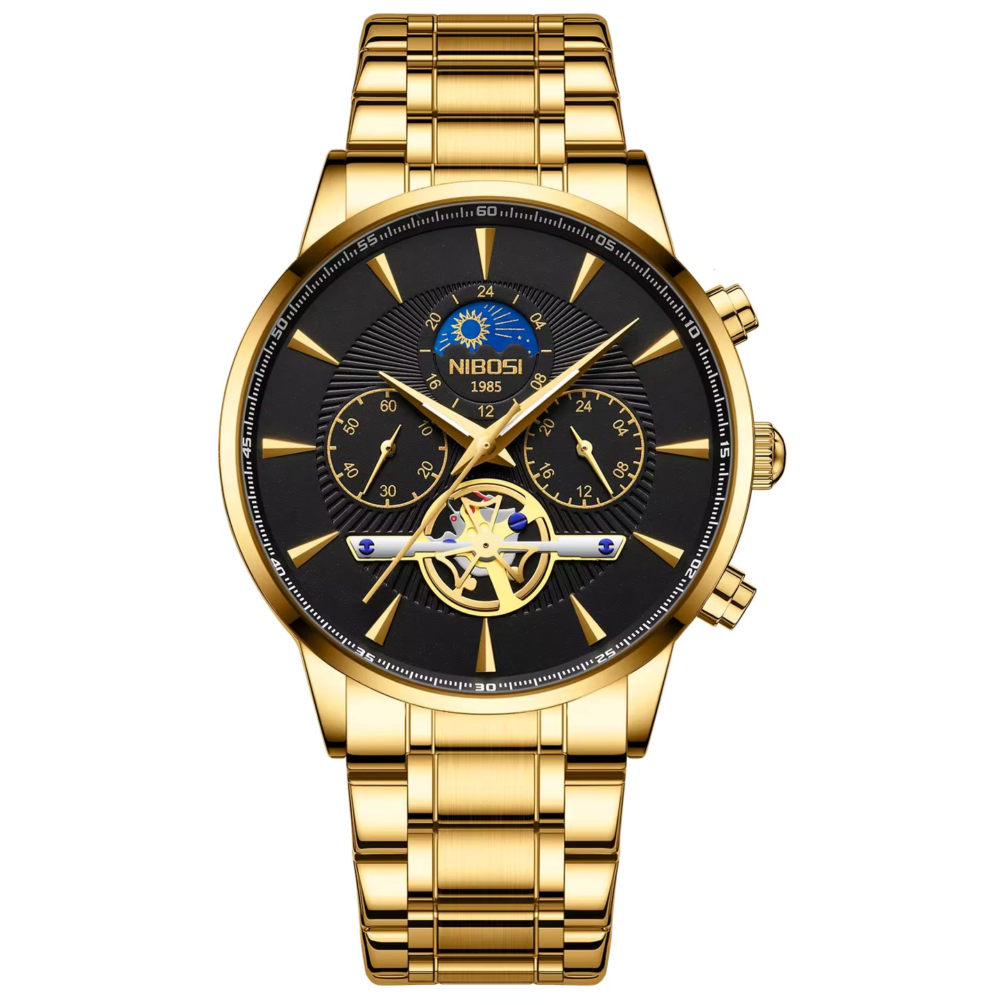 Gold wristwatch with a black dial on a white background