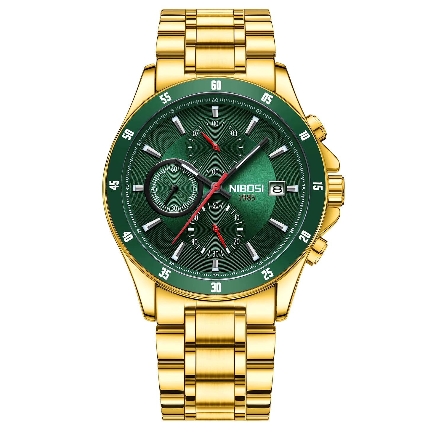 Gold watch with a green dial on a white background