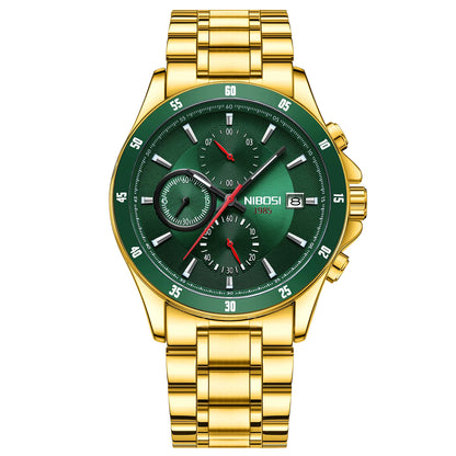 Gold watch with a green dial on a white background