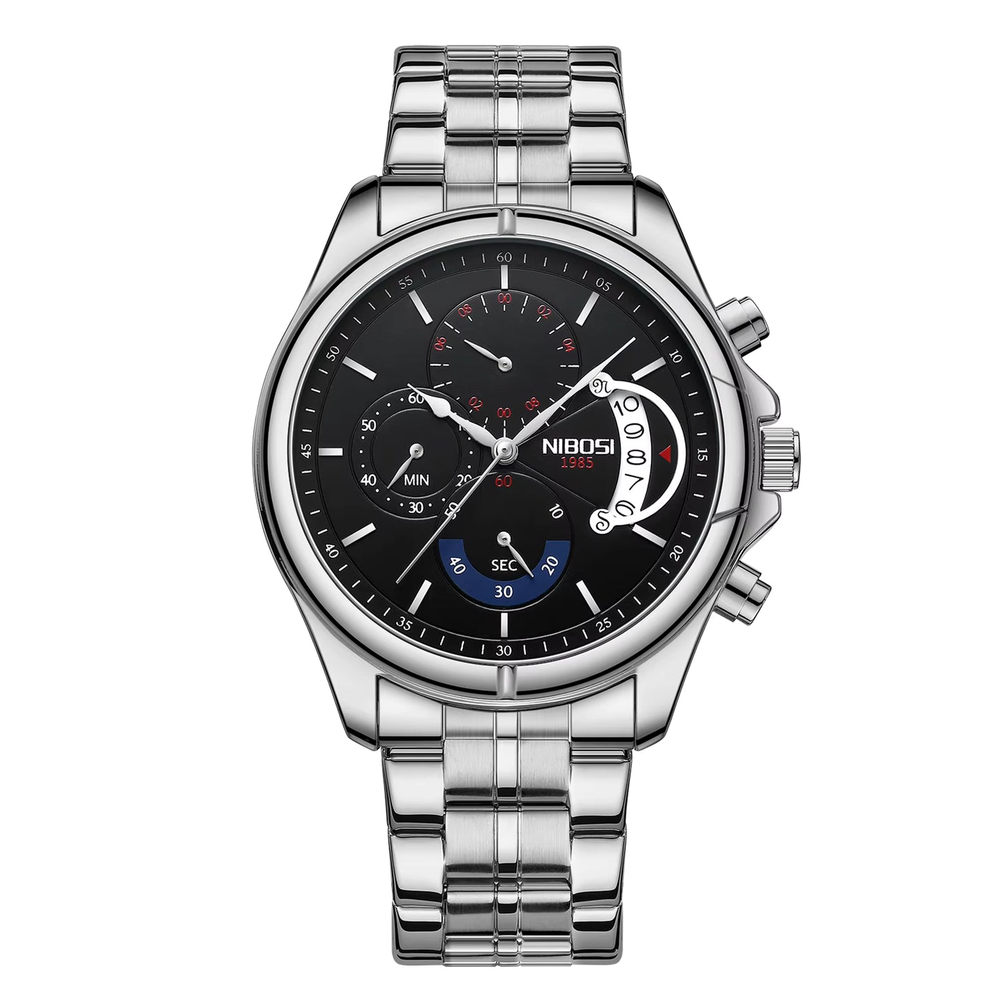 Silver wristwatch with a detailed black face on a white background
