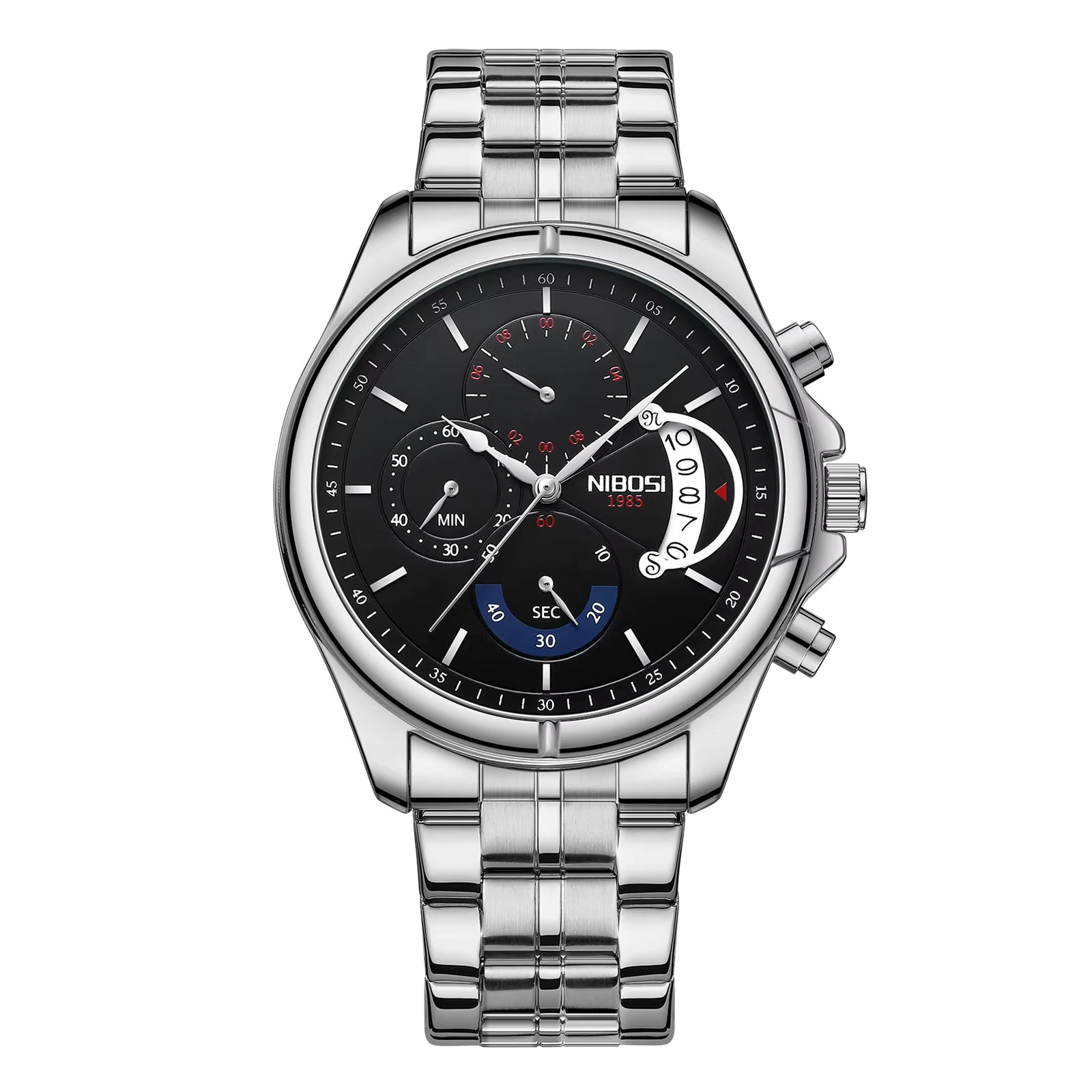 Silver wristwatch with a detailed black face on a white background