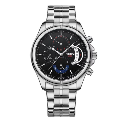 Silver wristwatch with a detailed black face on a white background