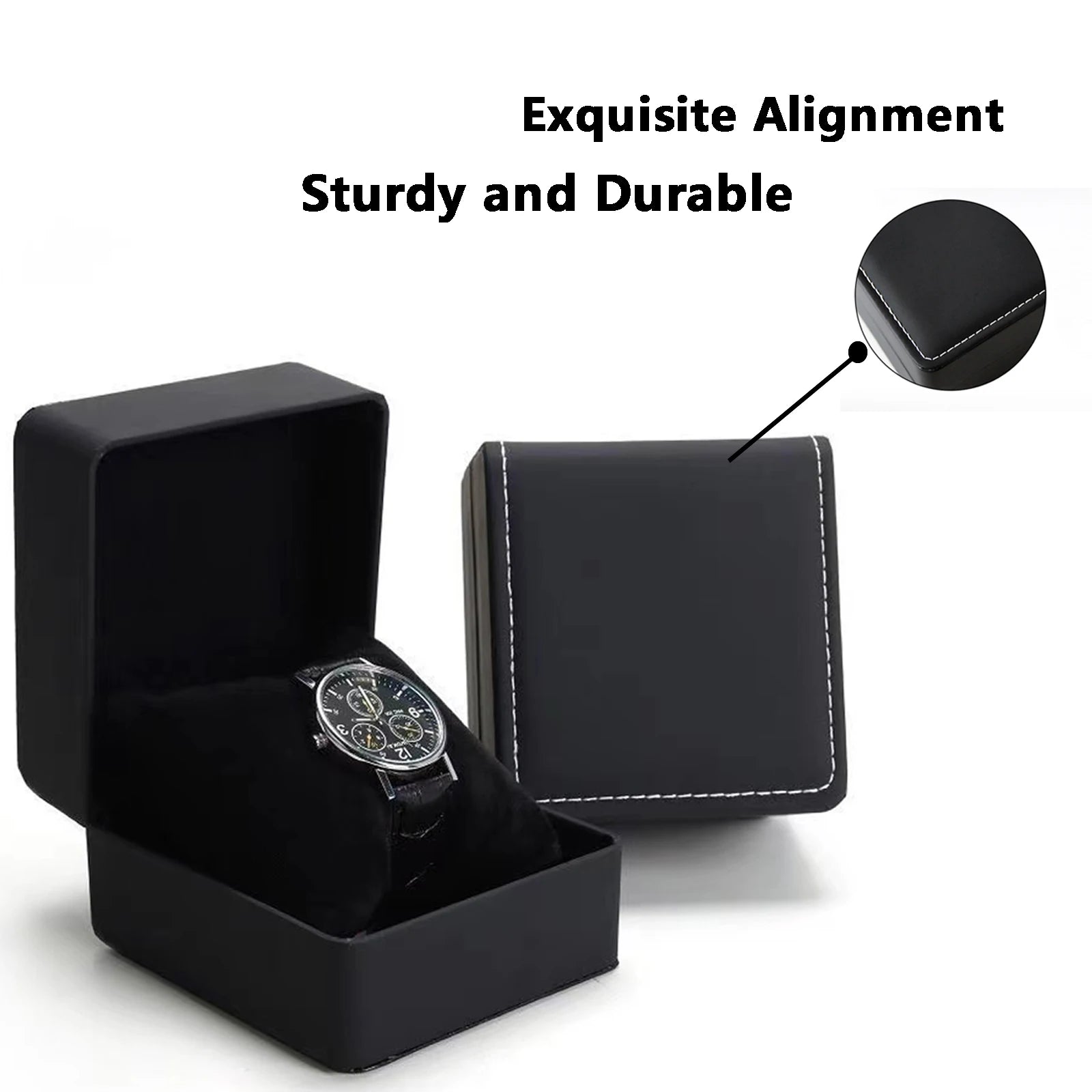 Black watch box with a watch inside, showing 'Exquisite Alignment' and 'Sturdy and Durable' text.