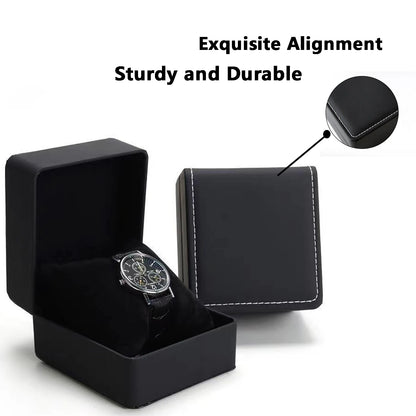 Black watch box with a watch inside, showing 'Exquisite Alignment' and 'Sturdy and Durable' text.
