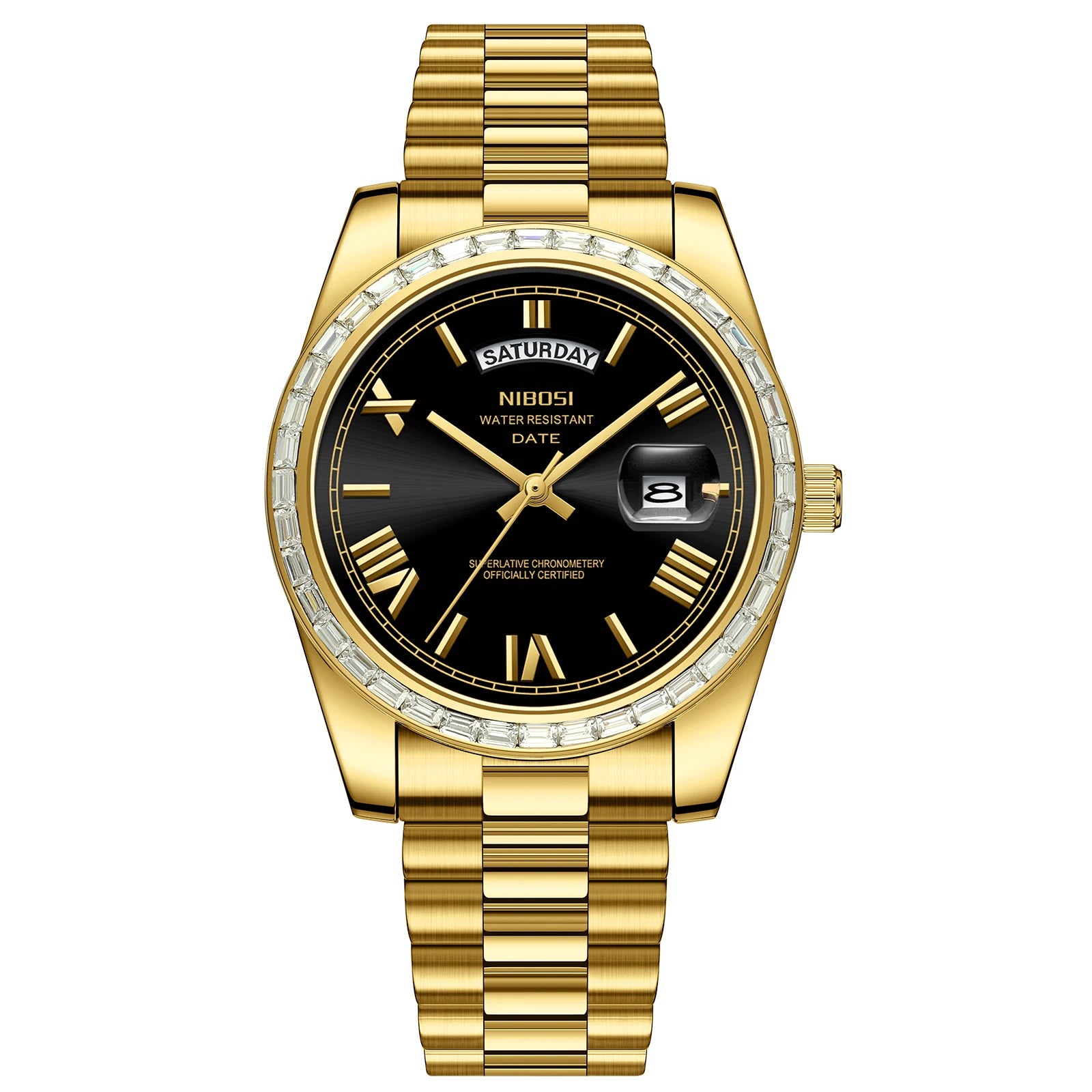 Gold wristwatch with a black dial on a white background