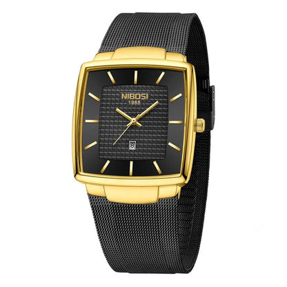 Black and gold watch with NIBOSI branding on a white background