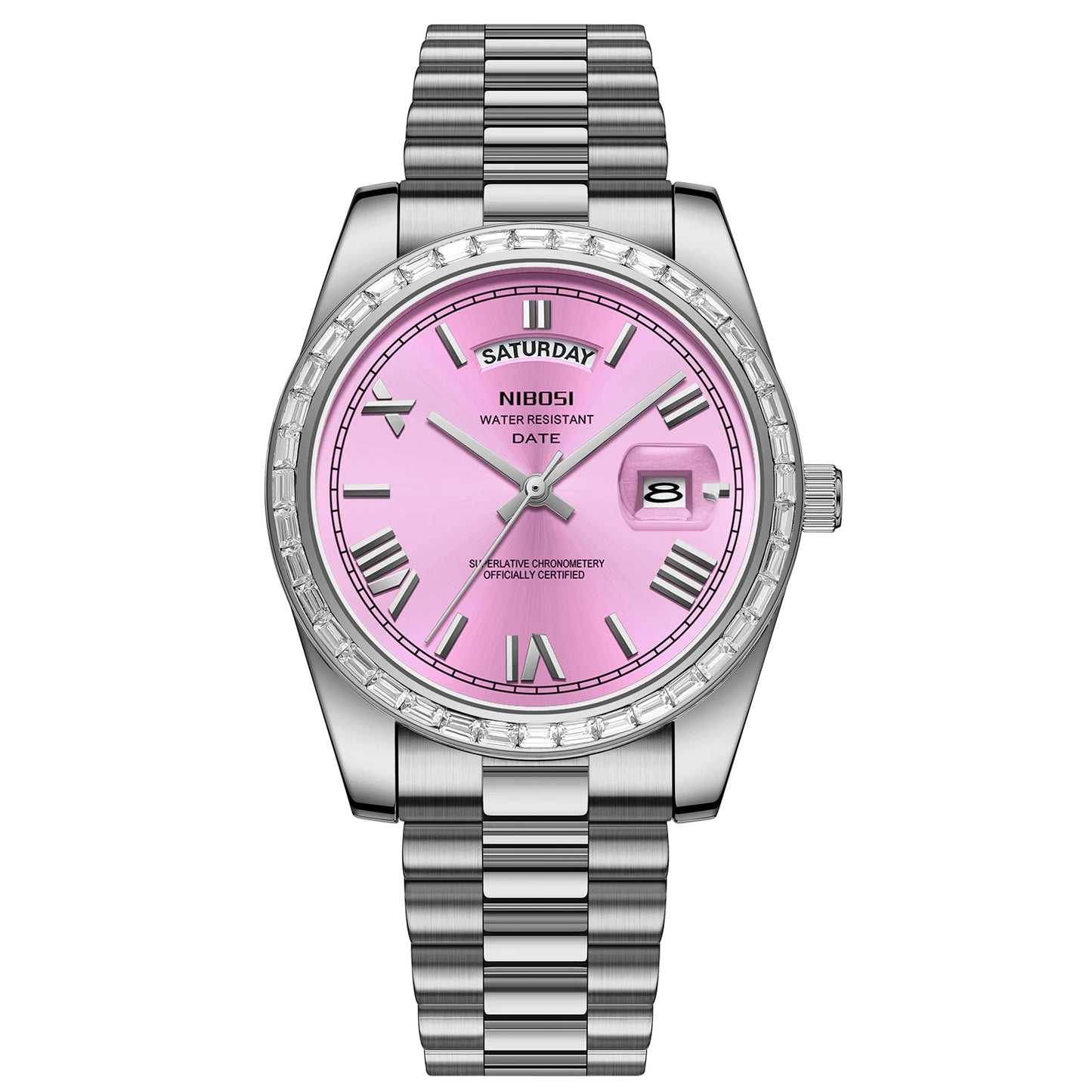 Silver watch with a pink face on a white background