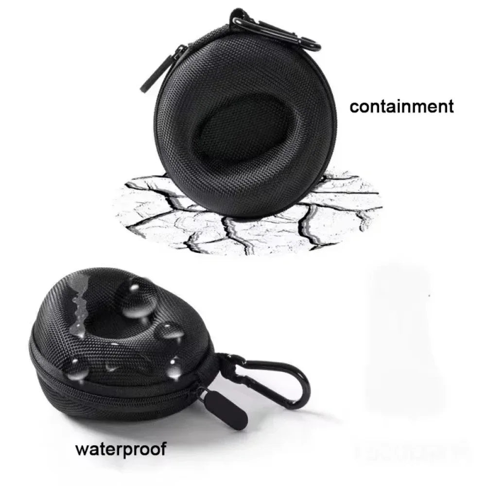Black earbud case with a zipper on a white background, showing text 'containment' and 'waterproof'.