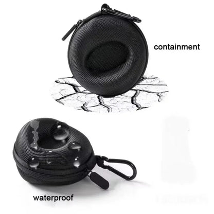 Black earbud case with a zipper on a white background, showing text 'containment' and 'waterproof'.