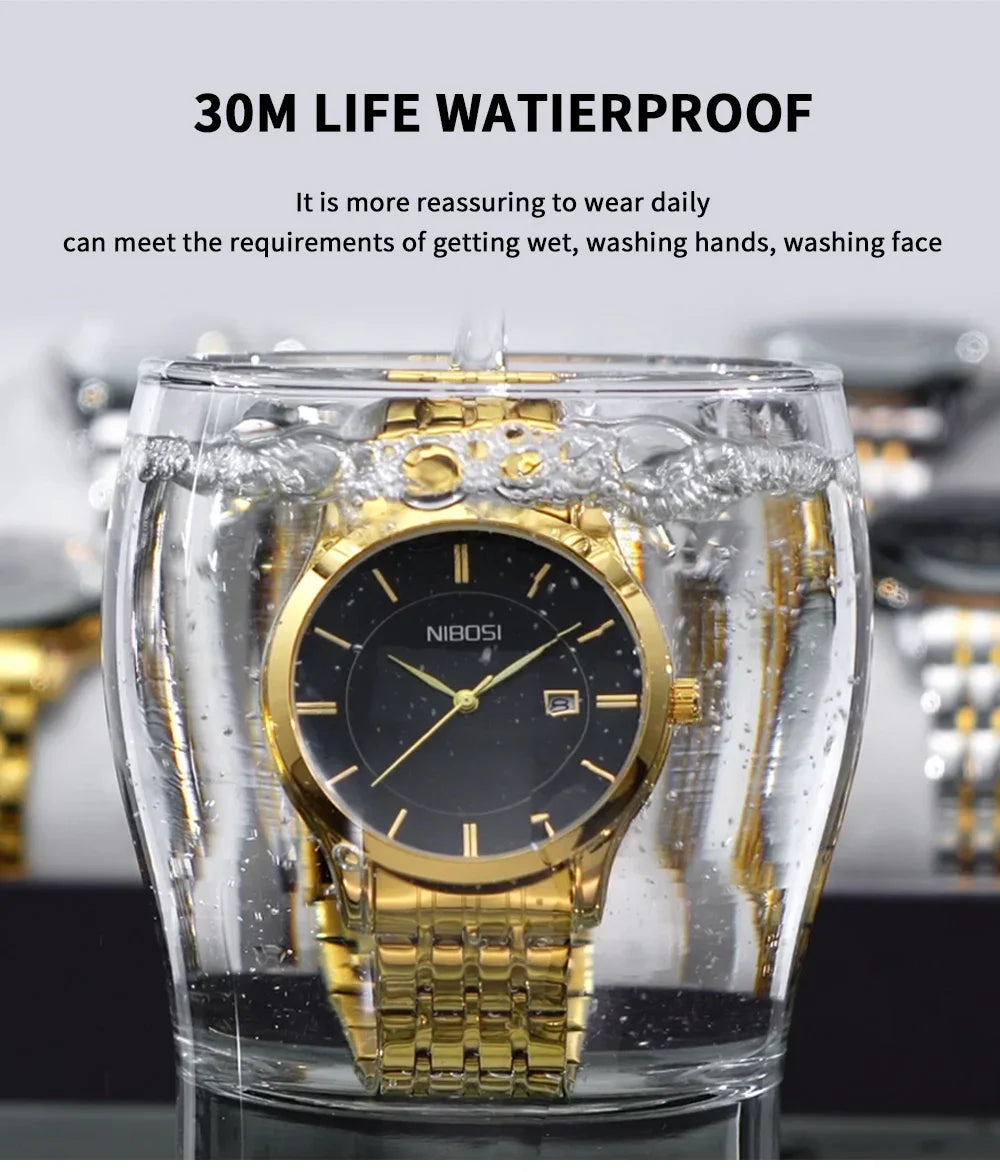 Gold wristwatch with black dial submerged in water, featuring NIBOSI branding.