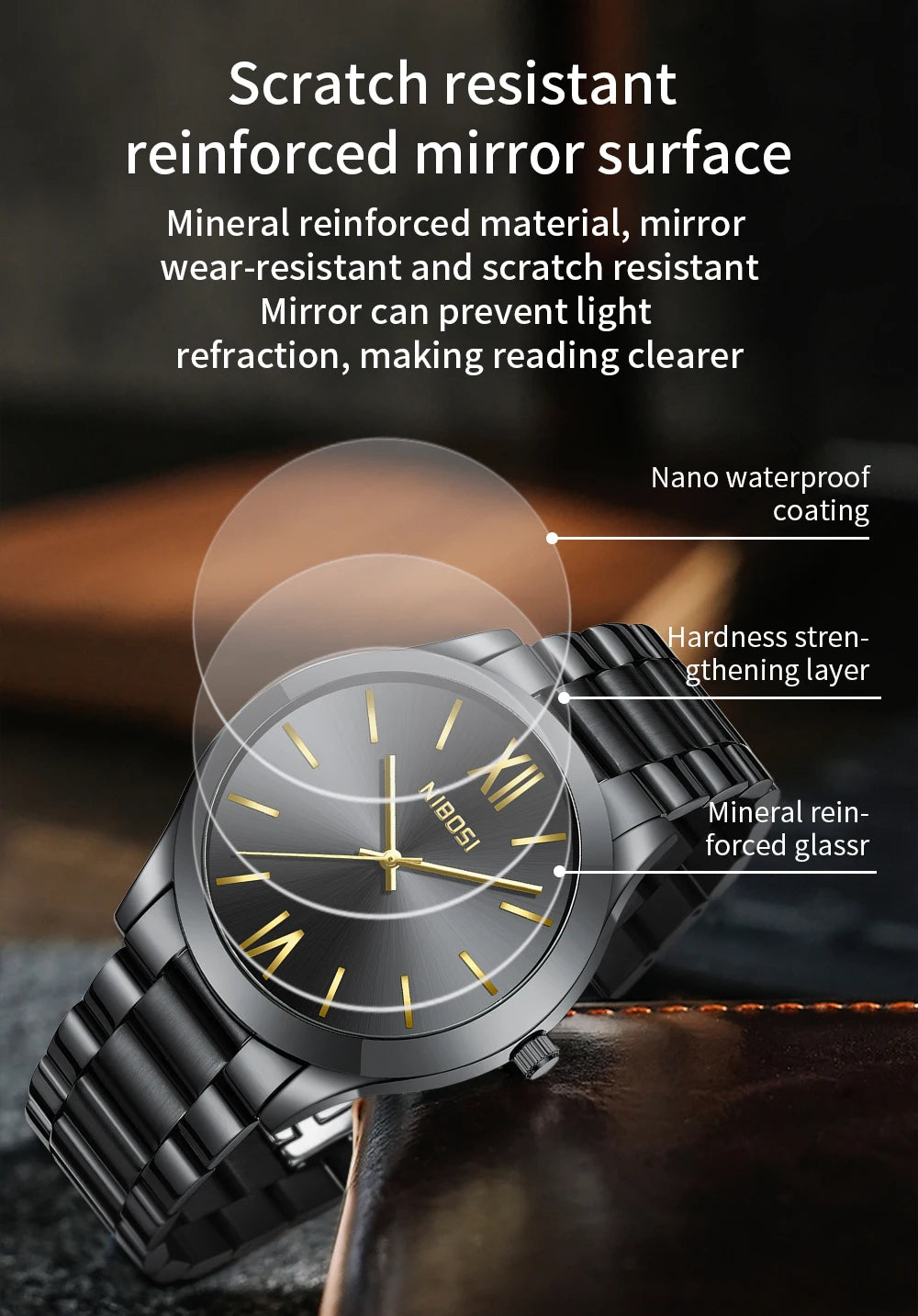 Watch with scratch-resistant reinforced mirror surface features highlighted