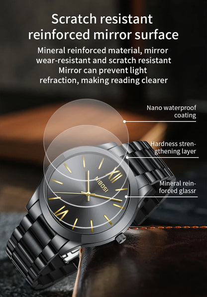 Watch with scratch-resistant reinforced mirror surface features highlighted