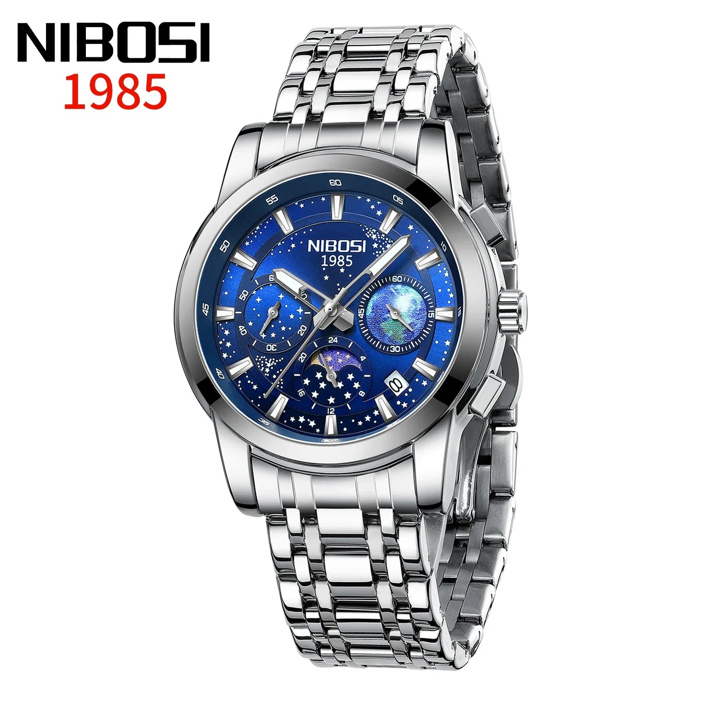 Silver wristwatch with blue face on a white background, featuring the brand 'NIBOSI'.