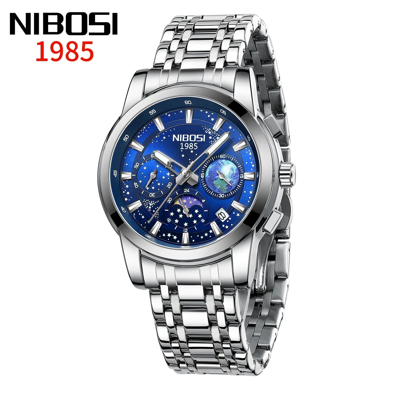 Silver wristwatch with blue face on a white background, featuring the brand 'NIBOSI'.