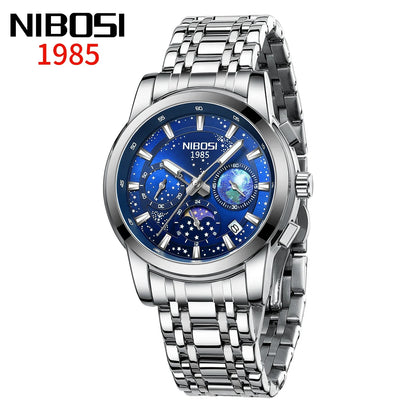 Silver wristwatch with blue face on a white background, featuring the brand 'NIBOSI'.