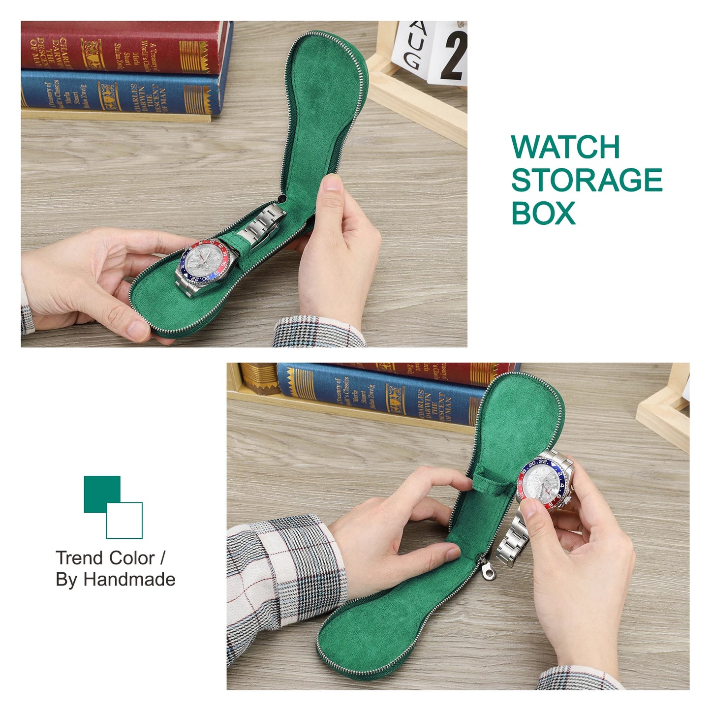 Green watch storage box with a watch inside, held by hands on a wooden surface.