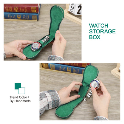 Green watch storage box with a watch inside, held by hands on a wooden surface.