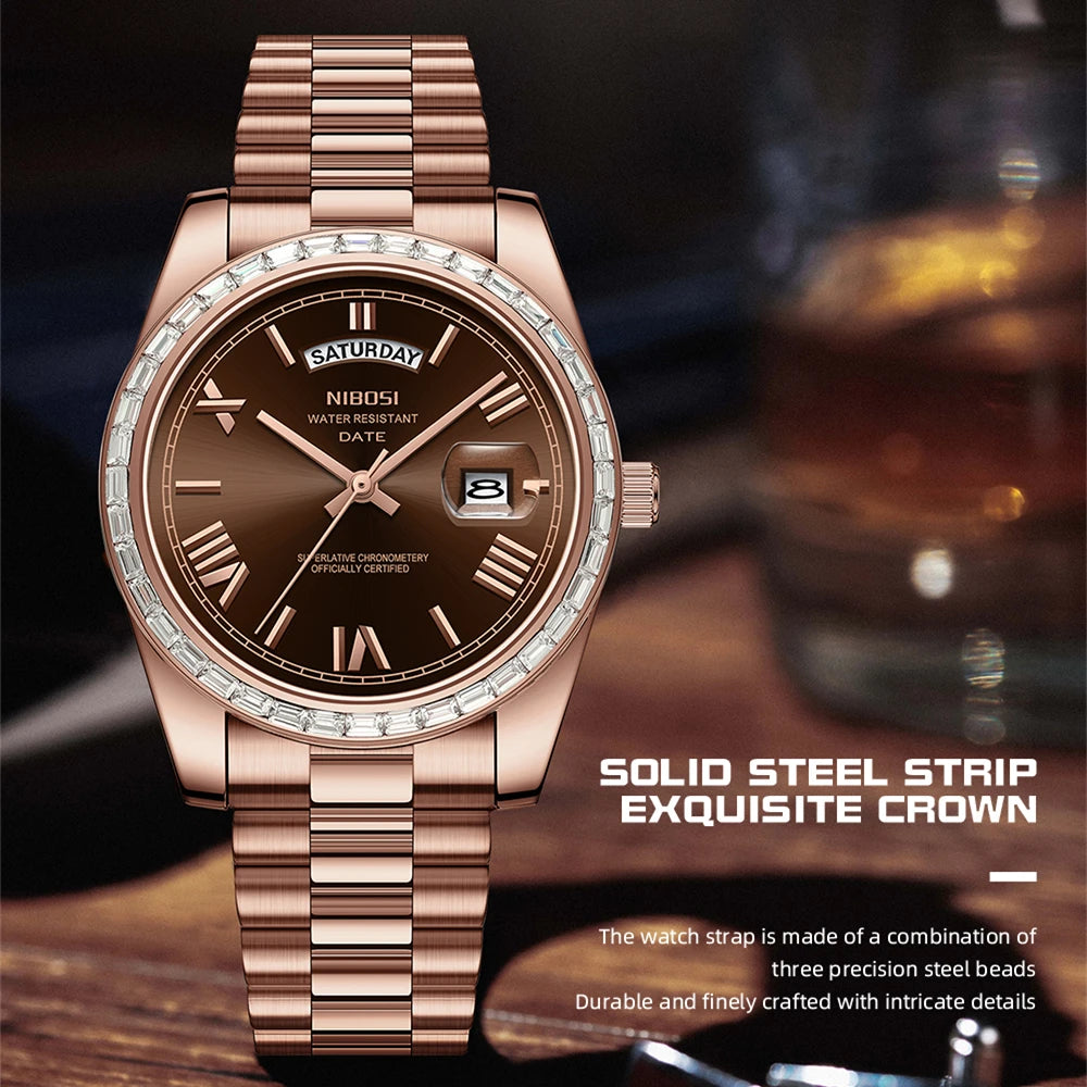 Rose gold watch with brown dial on a dark background