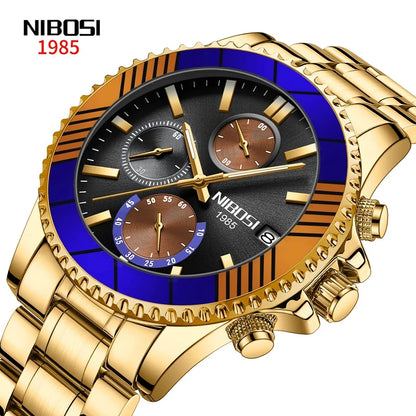 Gold wristwatch with a detailed face on a white background, featuring the brand 'NIBOSI'.