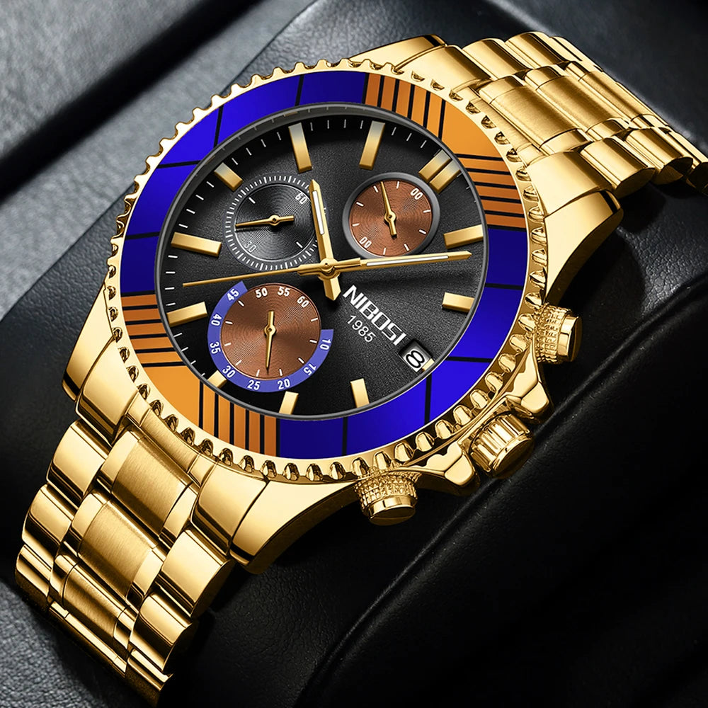 Gold wristwatch with a detailed face on a black background