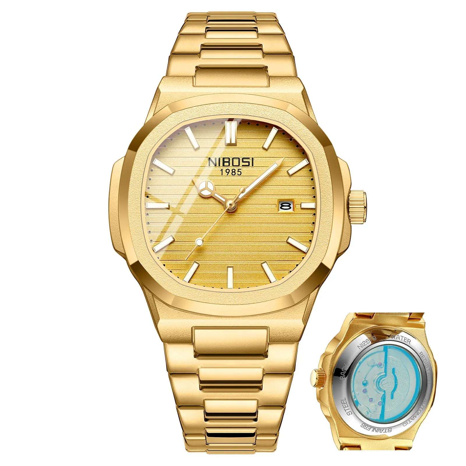Gold wristwatch with a smaller inset showing a different design on a white background