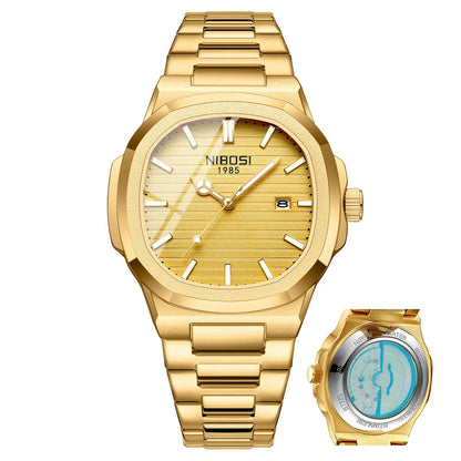 Gold wristwatch with a smaller inset showing a different design on a white background