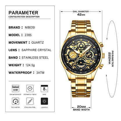Gold wristwatch with technical specifications on a white background