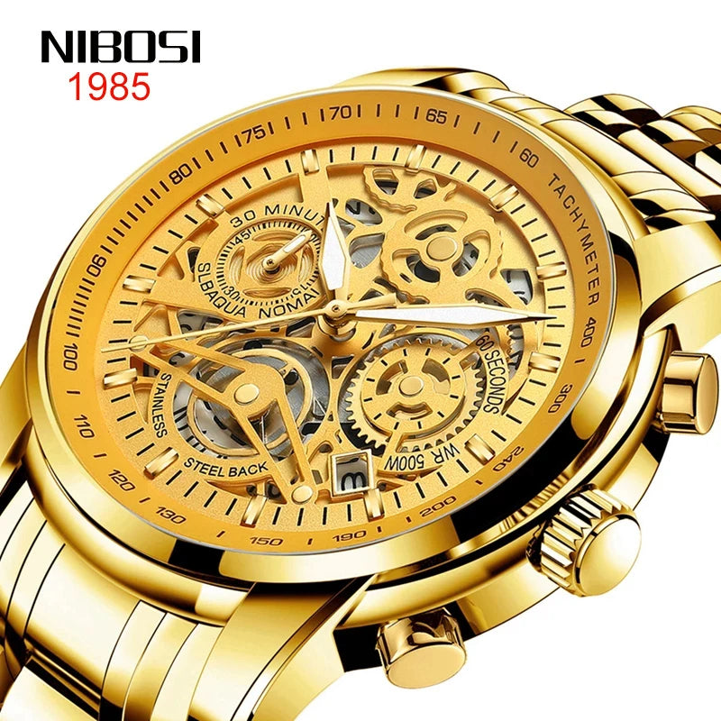 Gold NIBOSI watch with intricate design on a white background
