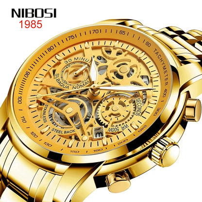 Gold NIBOSI watch with intricate design on a white background