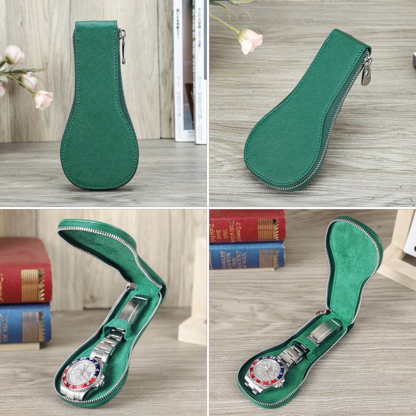 Green leather watch case with zipper on a wooden surface with books and flowers in the background.