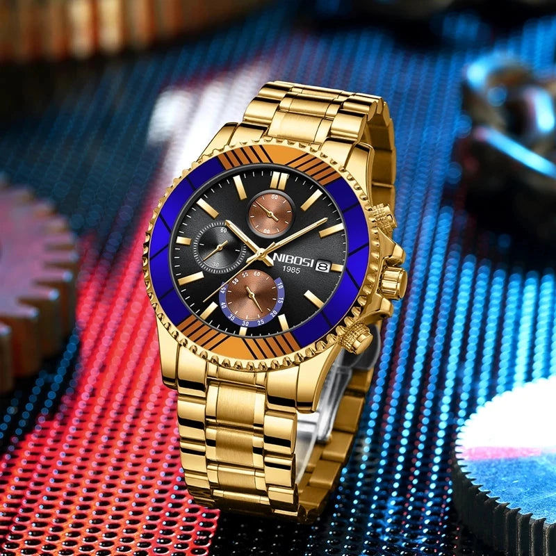 Gold wristwatch with a detailed face on a colorful background