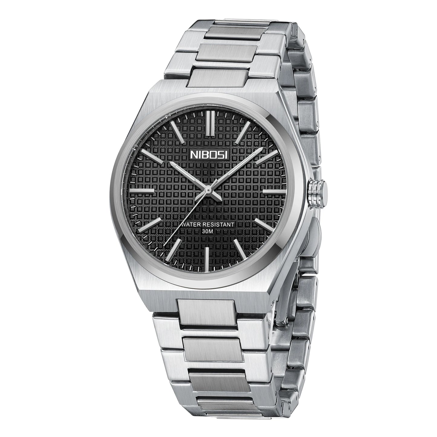 Silver watch with black face on a white background