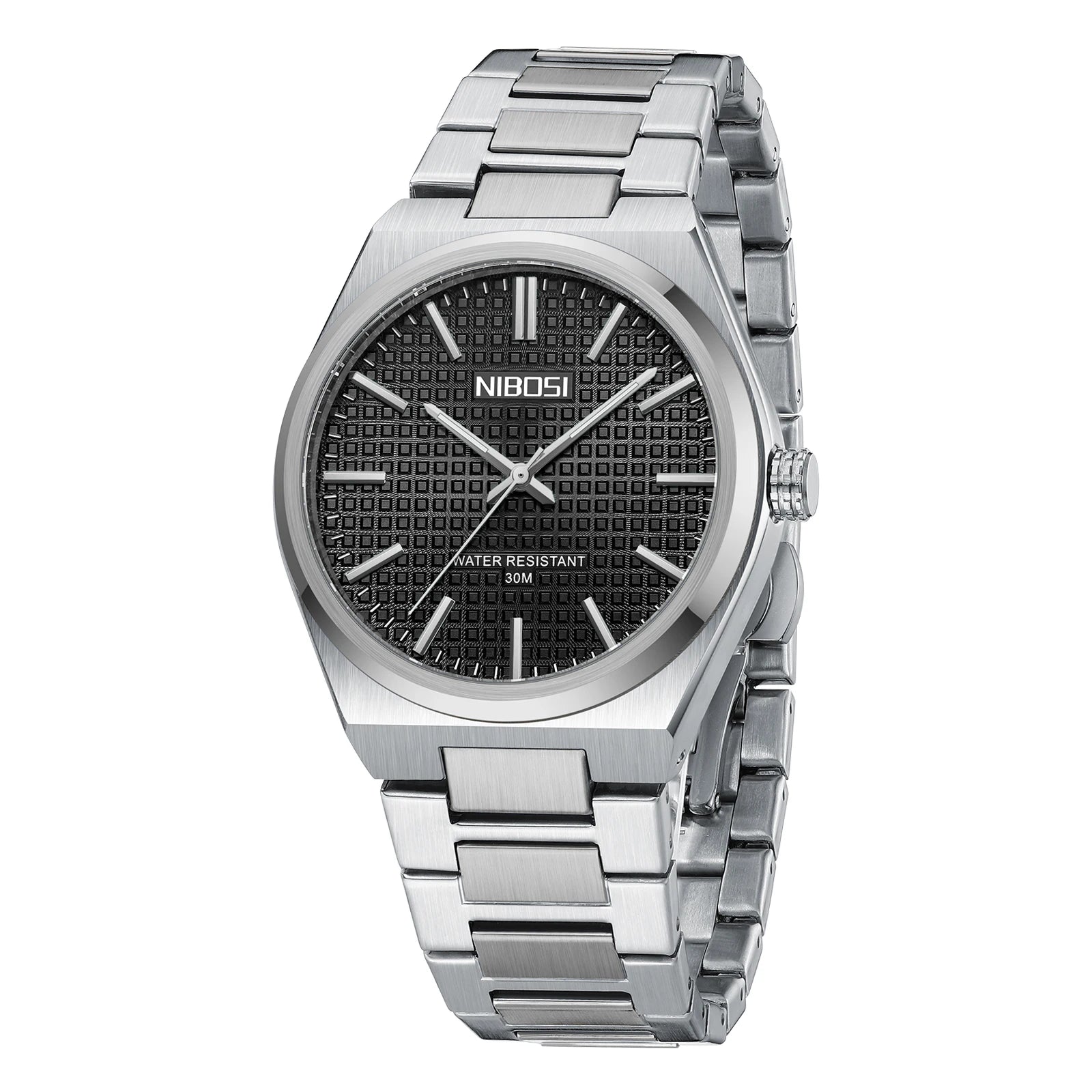 Silver watch with black face on a white background