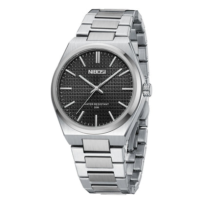 Silver watch with black face on a white background