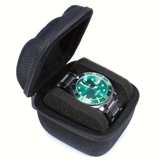 Green watch in a black case on a white background